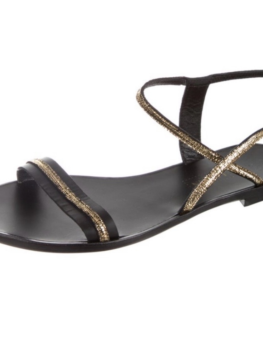 Lanvin Black Leather Flat Sandals with Gold Trim